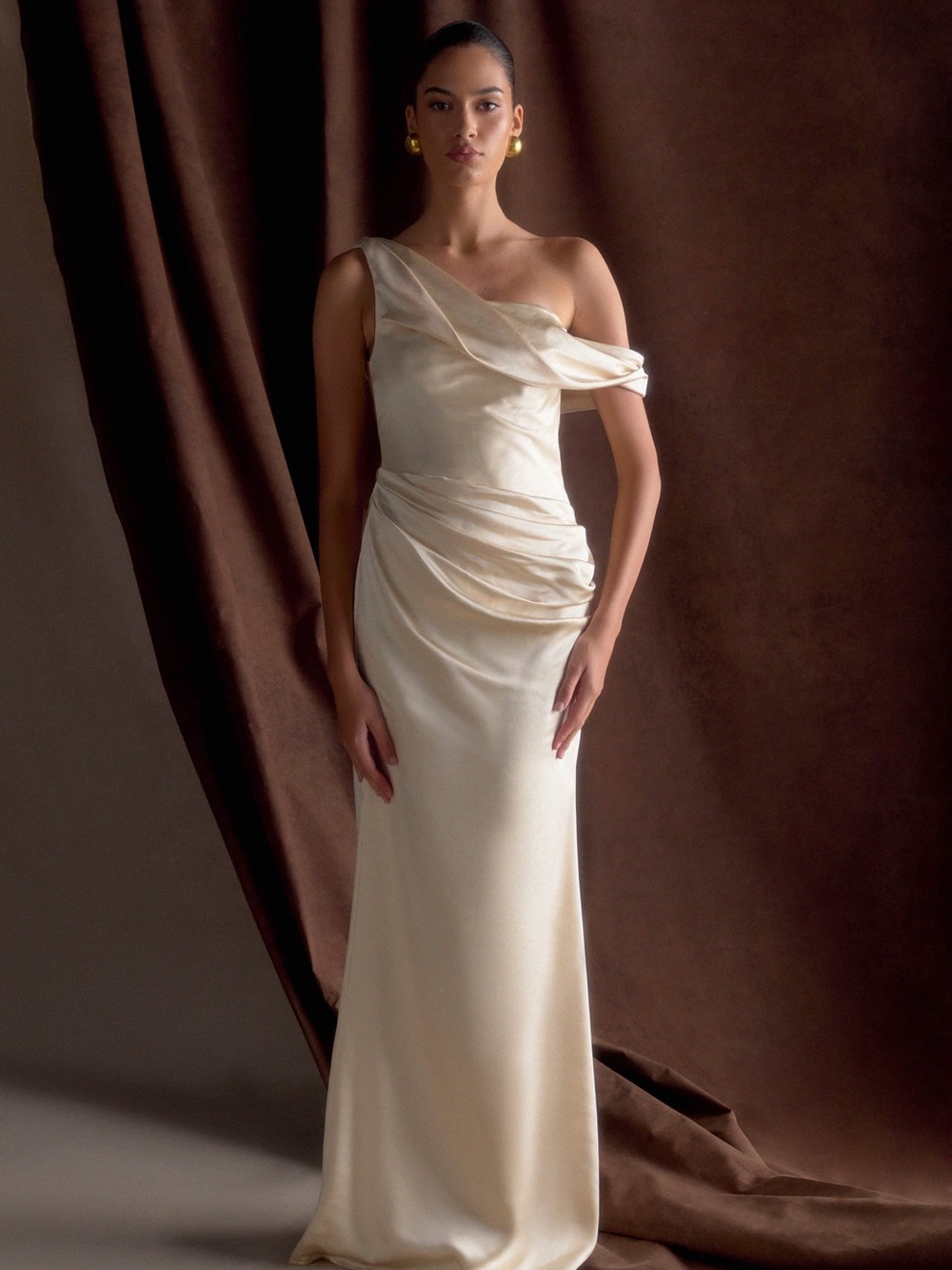 Meshki One-Shoulder Satin Gown in Ivory Cream Galia dress